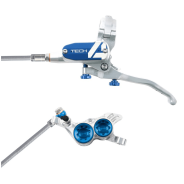 Brzda HOPE Tech 4 V4, opletená hadička, stříbrná-modrá, levá