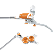 Brzda HOPE Tech 4 V4, opletená hadička, stříbrná-oranžová, levá