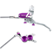 Brzda HOPE Tech 4 V4, opletená hadička, stříbrná-fialová, levá