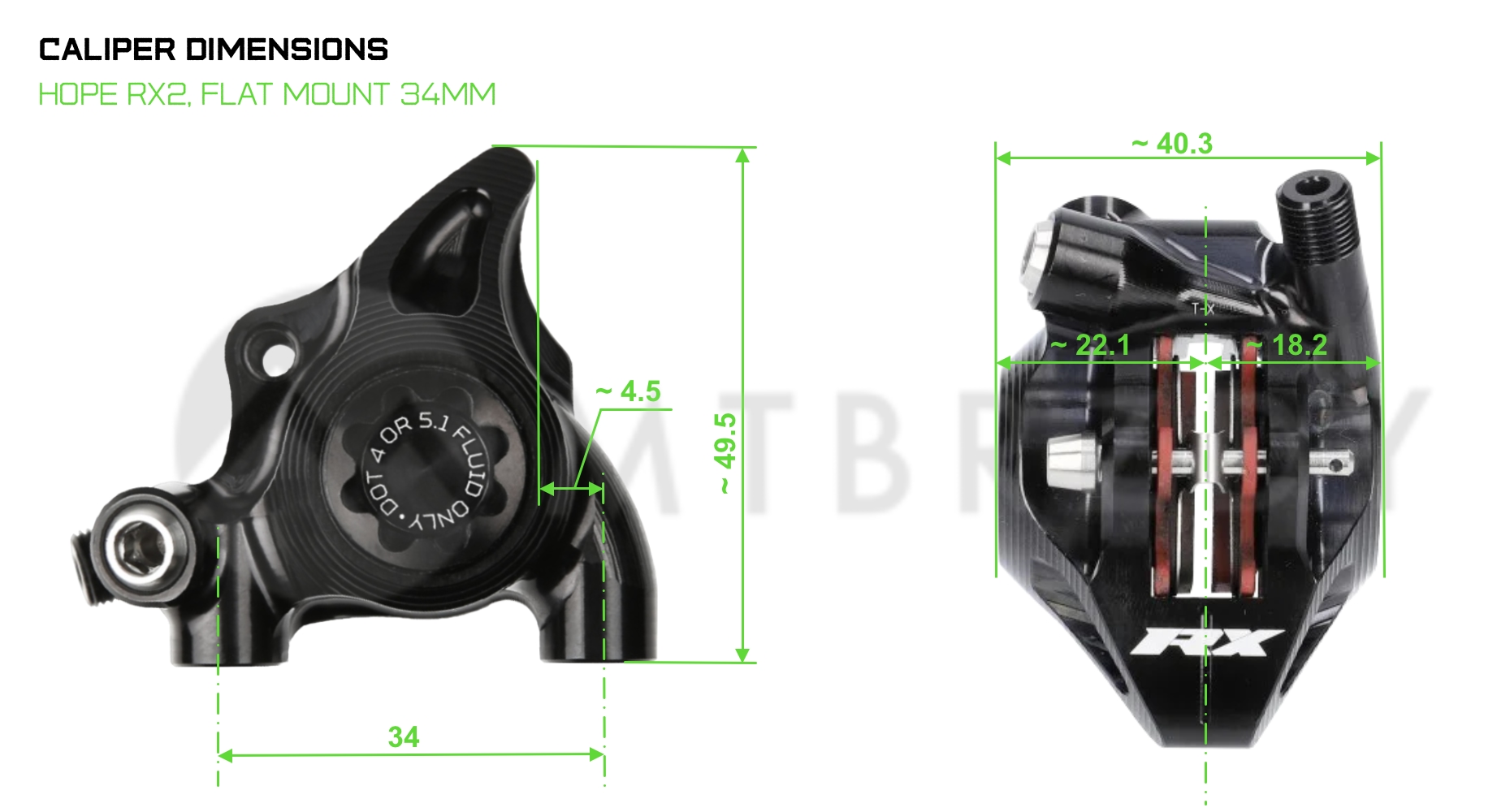 Dimensions of the HOPE RX2 brake caliper, flat mount 34 mm