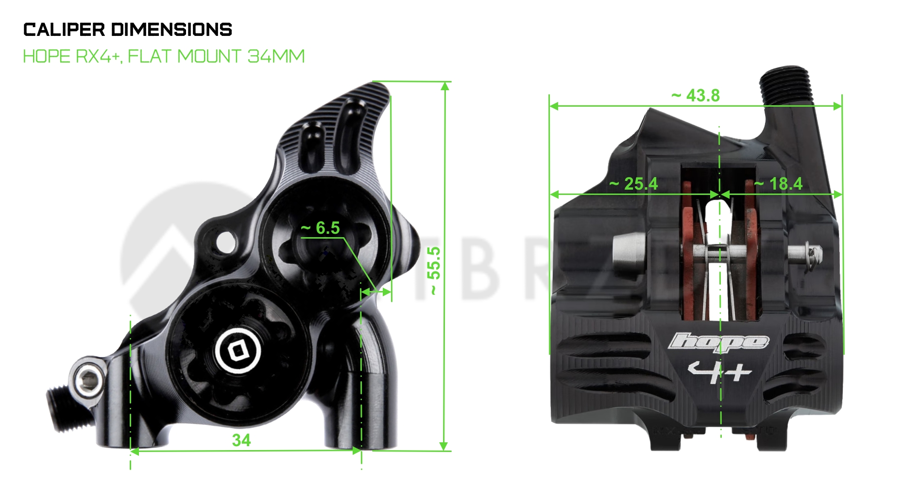 Dimensions of brake caliper HOPE RX4+, flat mount 34mm
