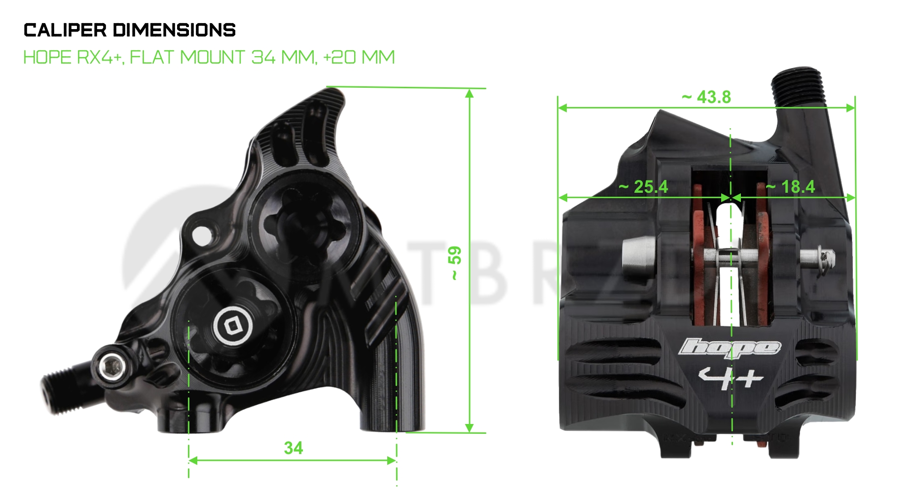 Dimensions of brake caliper HOPE RX4+, flat mount 34 mm, +20mm